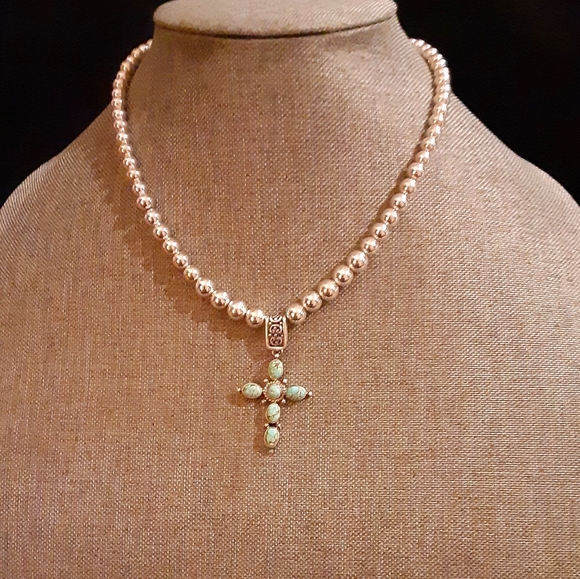 Navajo Native American Andy Cadman Sterling Silver Blue Turquoise Cross Pendant - Picture 2 of 4